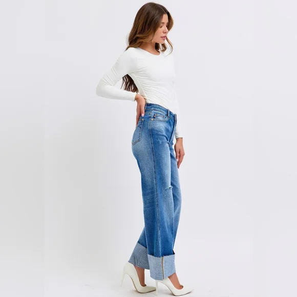 Judy Blue High-Rise Torn Boyfriend Jeans Ultra Wide Leg Cuff Raw Hem Denim Pants - Picture 5 of 16